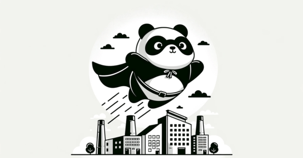 Minimalist panda flying over factory