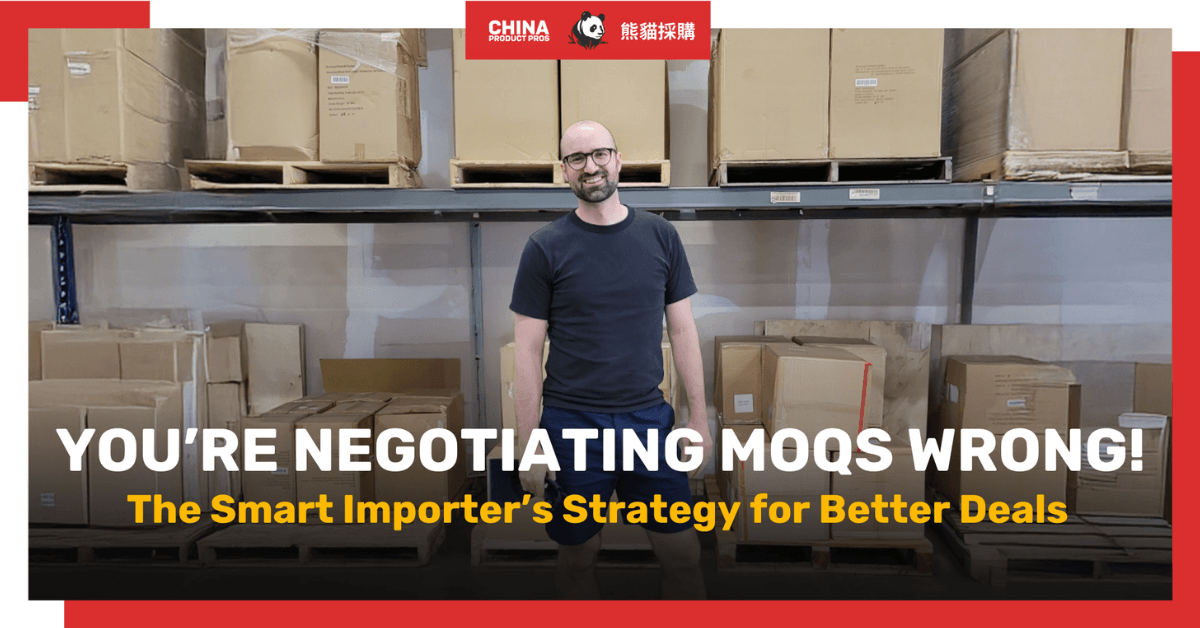 6 Strategies for Negotiating Better MOQs with Chinese Suppliers – Featured Photo JK Beaton standing in a warehouse full of boxes, representing smart MOQ negotiation strategies for importers.